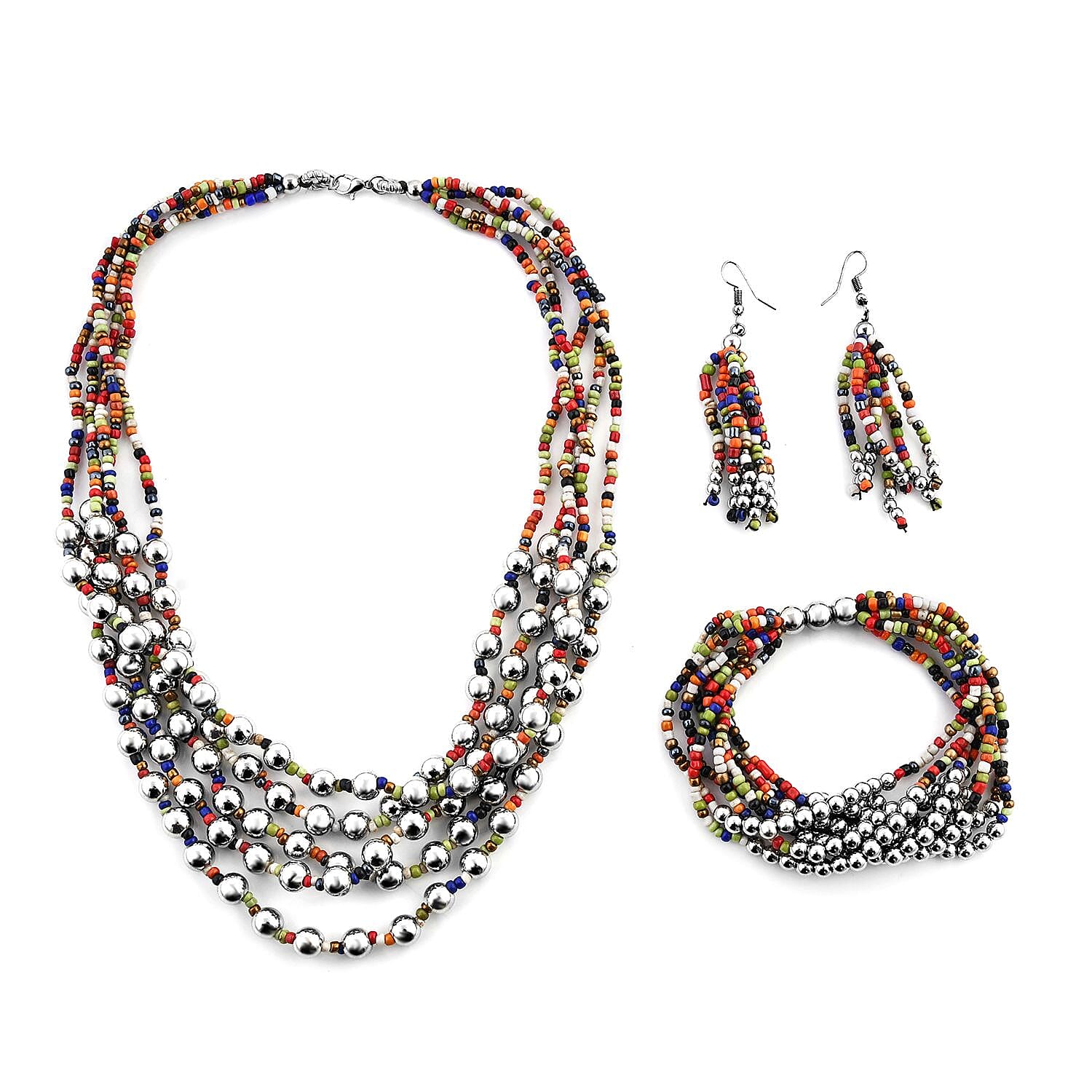 Seed Bead Bracelet (7.50In) and Necklace 20 Inches and Earrings in Sterling Silver