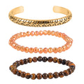 Yellow Tiger's Eye, Champagne Glass Set of 2 Stretch Bracelet and Cuff Bracelet (7.00In) in Goldtone 60.00 ctw - Sticky add to cart bar