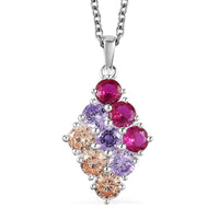 Simulated Champagne, Red and Amethyst Color Diamond Pendant in Sterling Silver With Stainless Steel Necklace 20 Inches 5.00 ctw