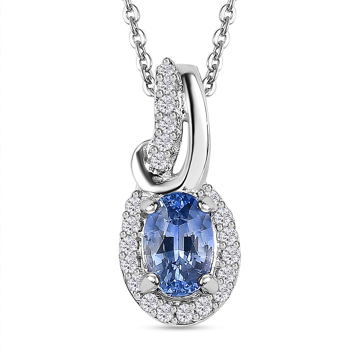Ceylon Blue Sapphire and White Zircon Halo Pendant in Platinum Over Sterling Silver with Stainless Steel Necklace(20 Inches 0.85 ctw