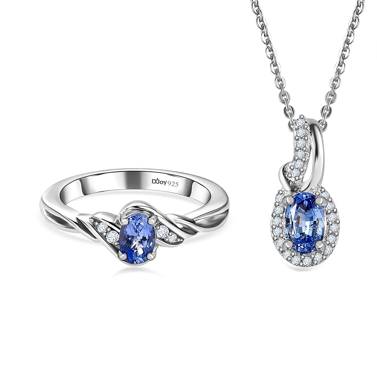 Ceylon Blue Sapphire, White Zircon Ring (Size 6.0), Pendant Necklace (20 Inches) in Platinum Over Sterling Silver (Del. in 7-10 Days) 1.30 ctw