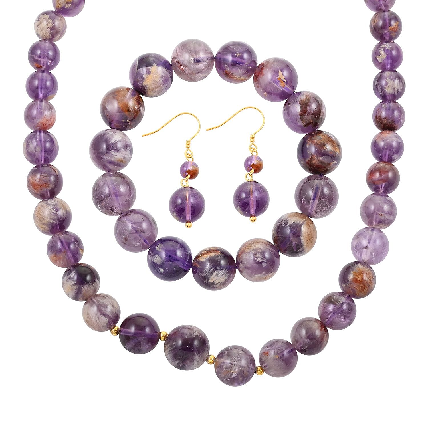 Cacoxenite Beaded Stretch Bracelet, Graduation Necklace 20 Inches and Drop Earrings in 14K Yellow Gold Over Sterling Silver 825.50 ctw