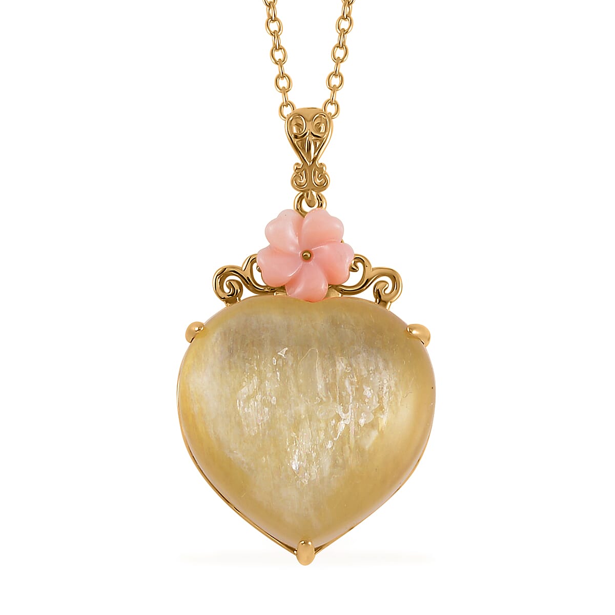 Golden Lepidolite, Pink Mother of Pearl Floral and Heart Pendant Necklace (18 Inches) in Vermeil YG Over Sterling Silver