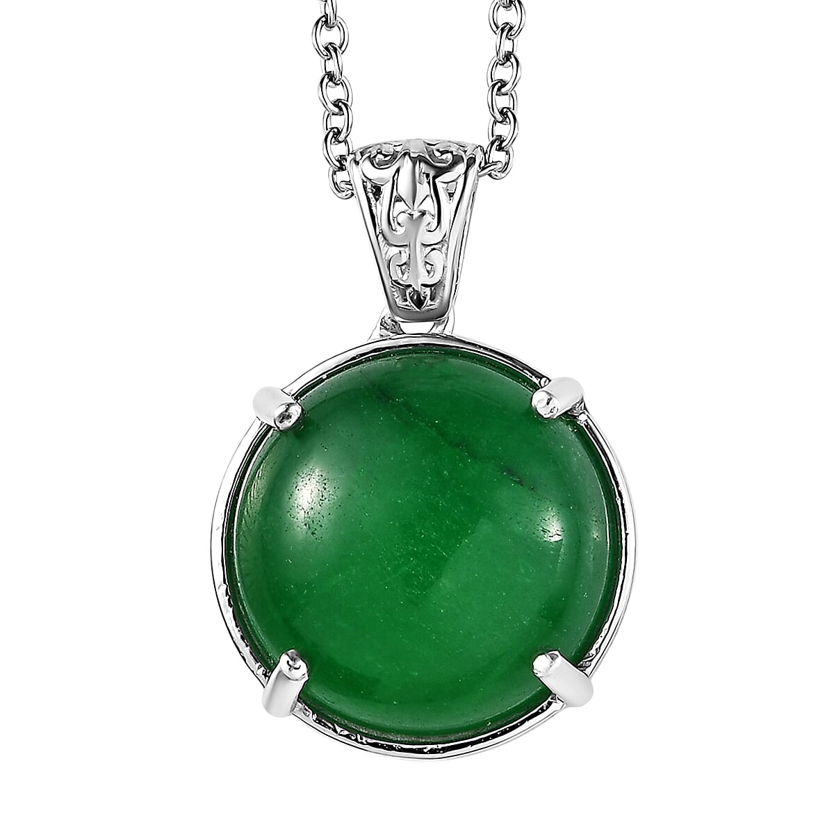 Karis Green Jade Solitaire Pendant in Platinum Bond with Stainless Steel Necklace (20 Inches) 15.10 ctw