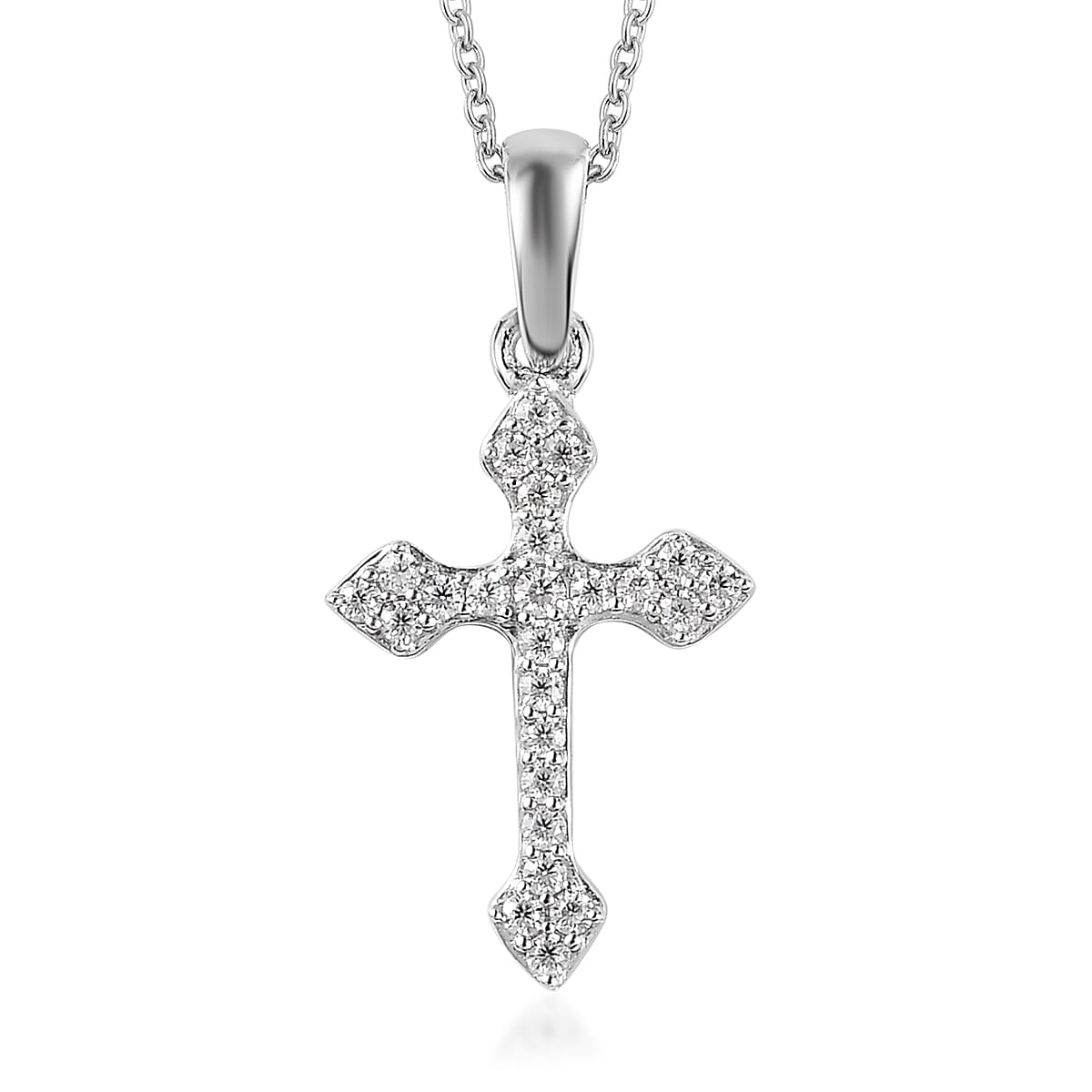 Moissanite Cross Pendant Necklace 20 Inches in Platinum Over Sterling Silver 0.15 ctw
