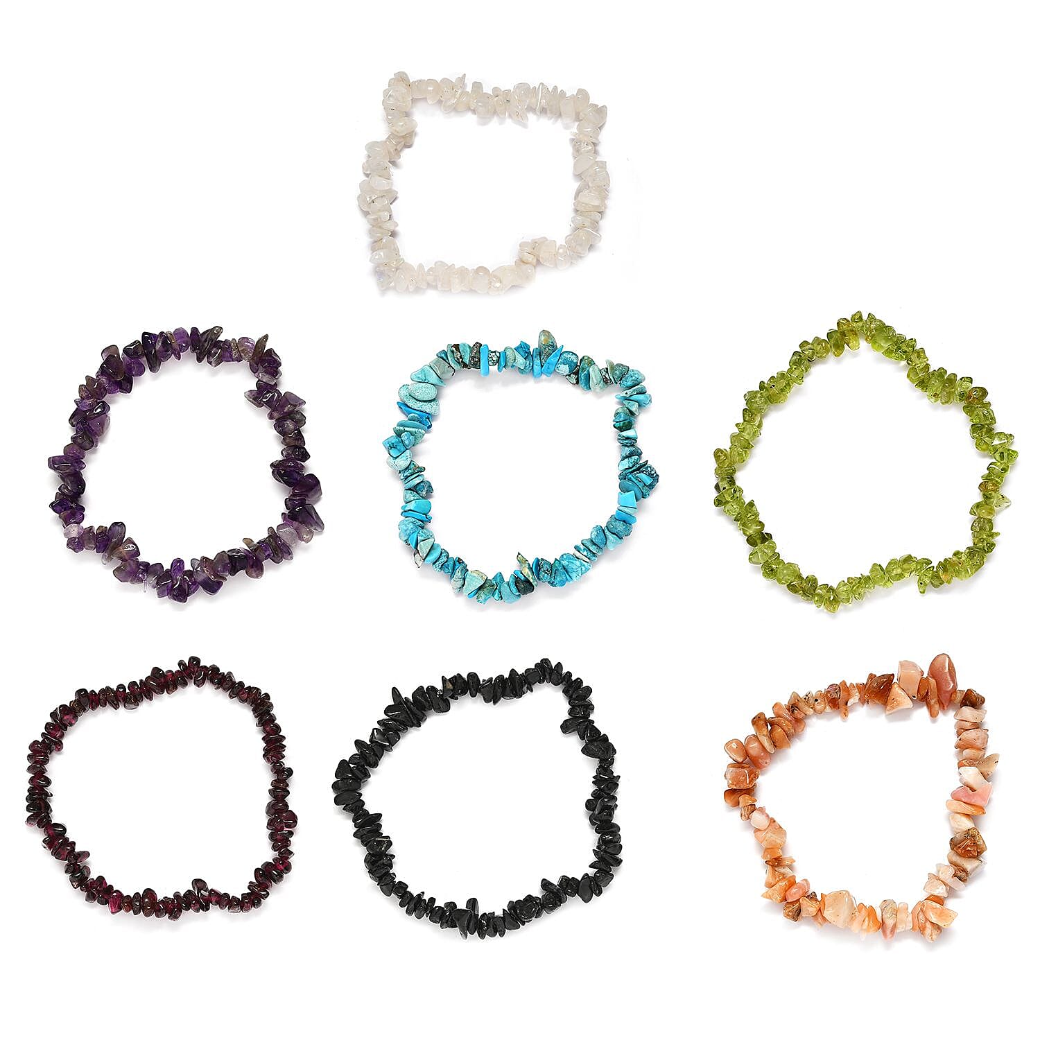 Set of 7 Multi Gemstone Chips Stretch Bracelet 359.10 ctw