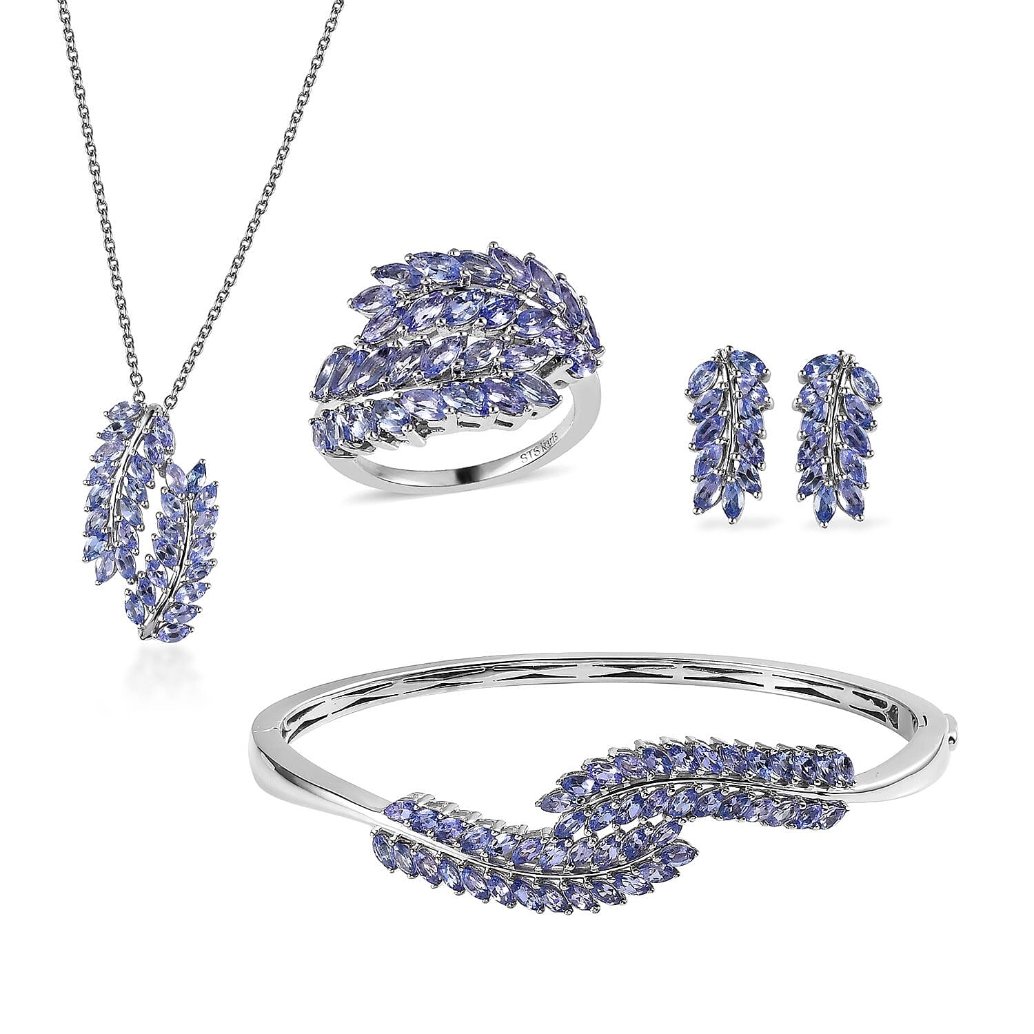 Doorbuster Karis Tanzanite Bangle Bracelet (7.25In), Earrings, Ring (Size 7.0), Pendant in Platinum Bond with Stainless Steel Necklace (20 Inches) 12.60 ctw