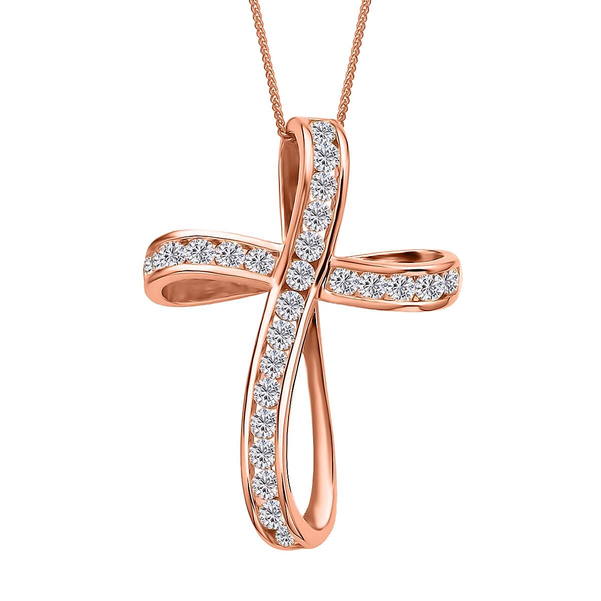 Moissanite Cross Pendant Necklace 18 Inches in Vermeil Rose Gold Over Sterling Silver 1.50 ctw