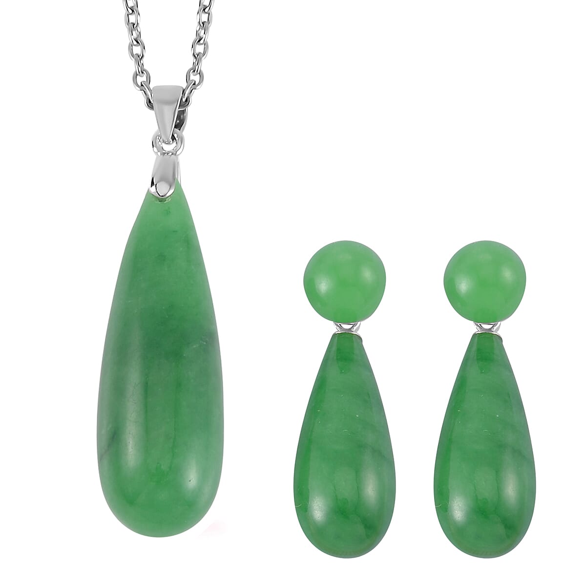 TLV Green Jade Drop Earrings and Pendant in Rhodium Over Sterling Silver with Stainless Steel Necklace (20 Inches) 69.91 ctw
