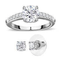 Moissanite (Rnd 6.5mm) Earrings and Ring (Size 5.0) in Platinum Over Sterling Silver 2.00 ctw