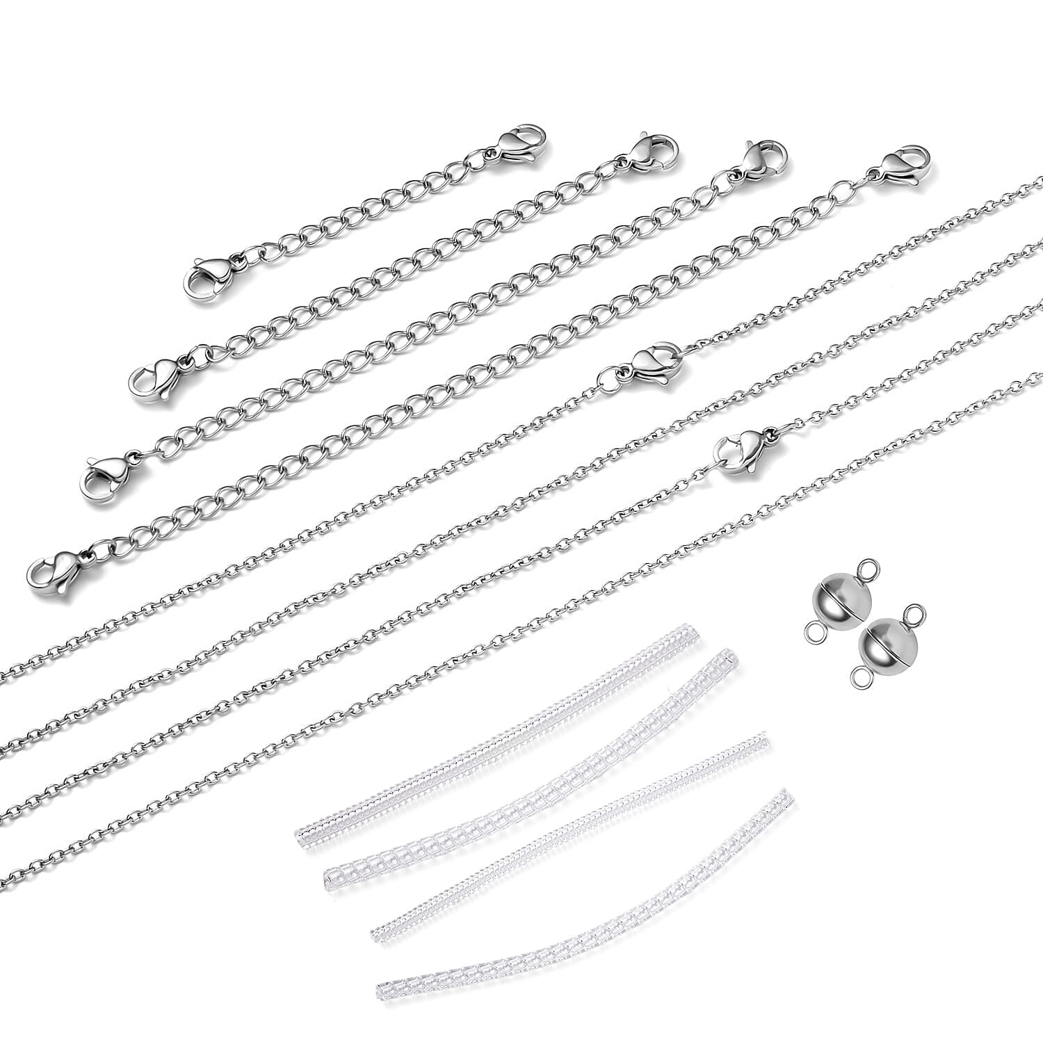 Set of 2pc 8mm Magnetic Lock, 4pcs Extender Chain with Lobster Lock (2,3,4,5 In), 4pcs Ring Adjusting Spring Wire and 2pc Chain (20 Inches) in Stainless Steel