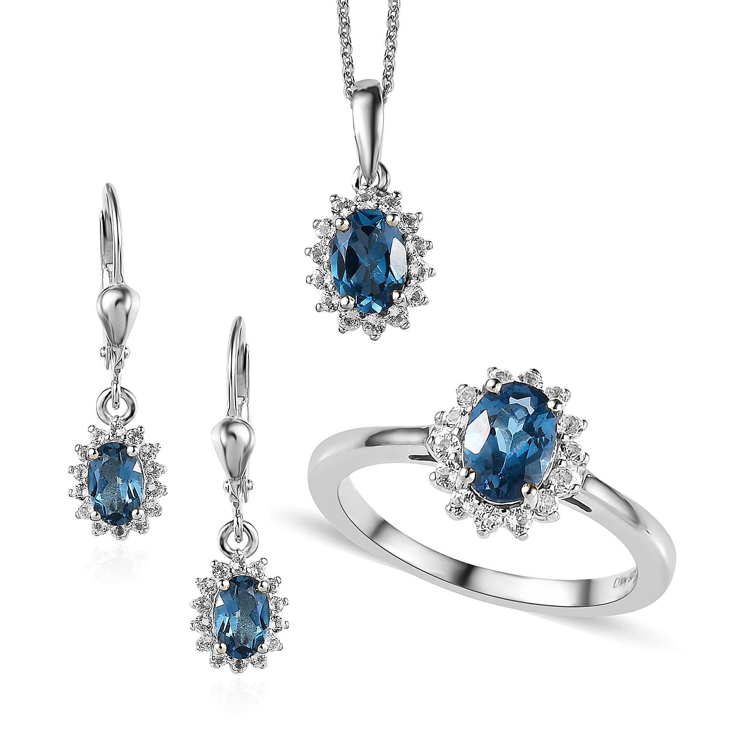 London Blue Topaz, White Topaz Lever Back Earrings, Sunburst Ring (Size 5.0) and Pendant Necklace (20 Inches) in Platinum Over Sterling Silver 3.65 ctw