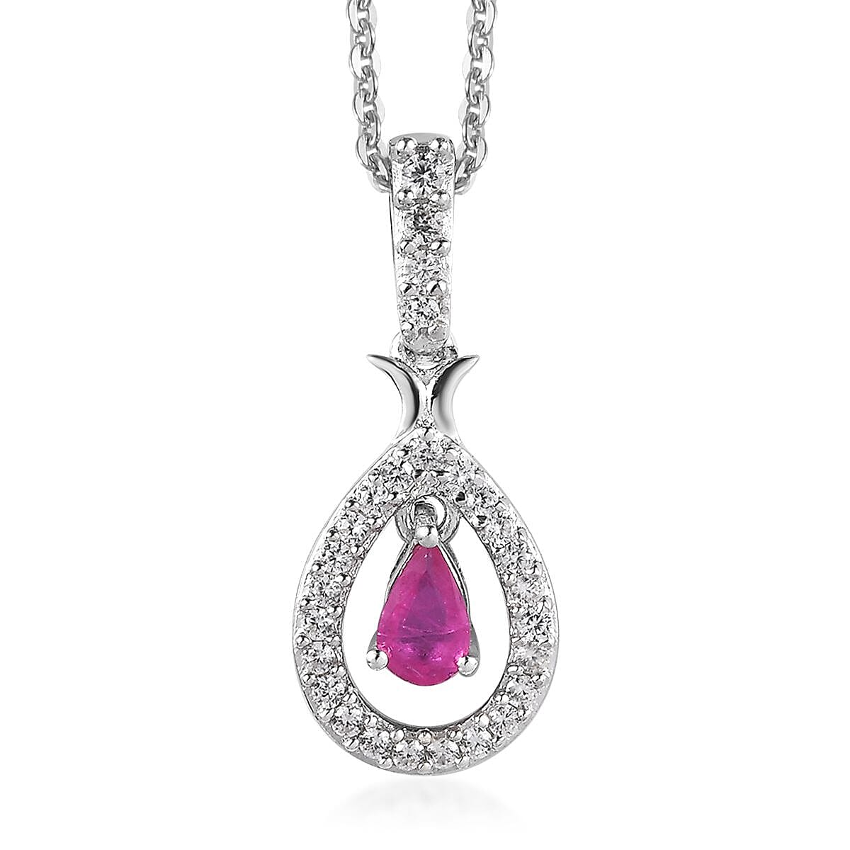Premium Montepuez Ruby and White Zircon Teardrop Pendant Necklace 20 Inches in Platinum Over Sterling Silver 0.50 ctw