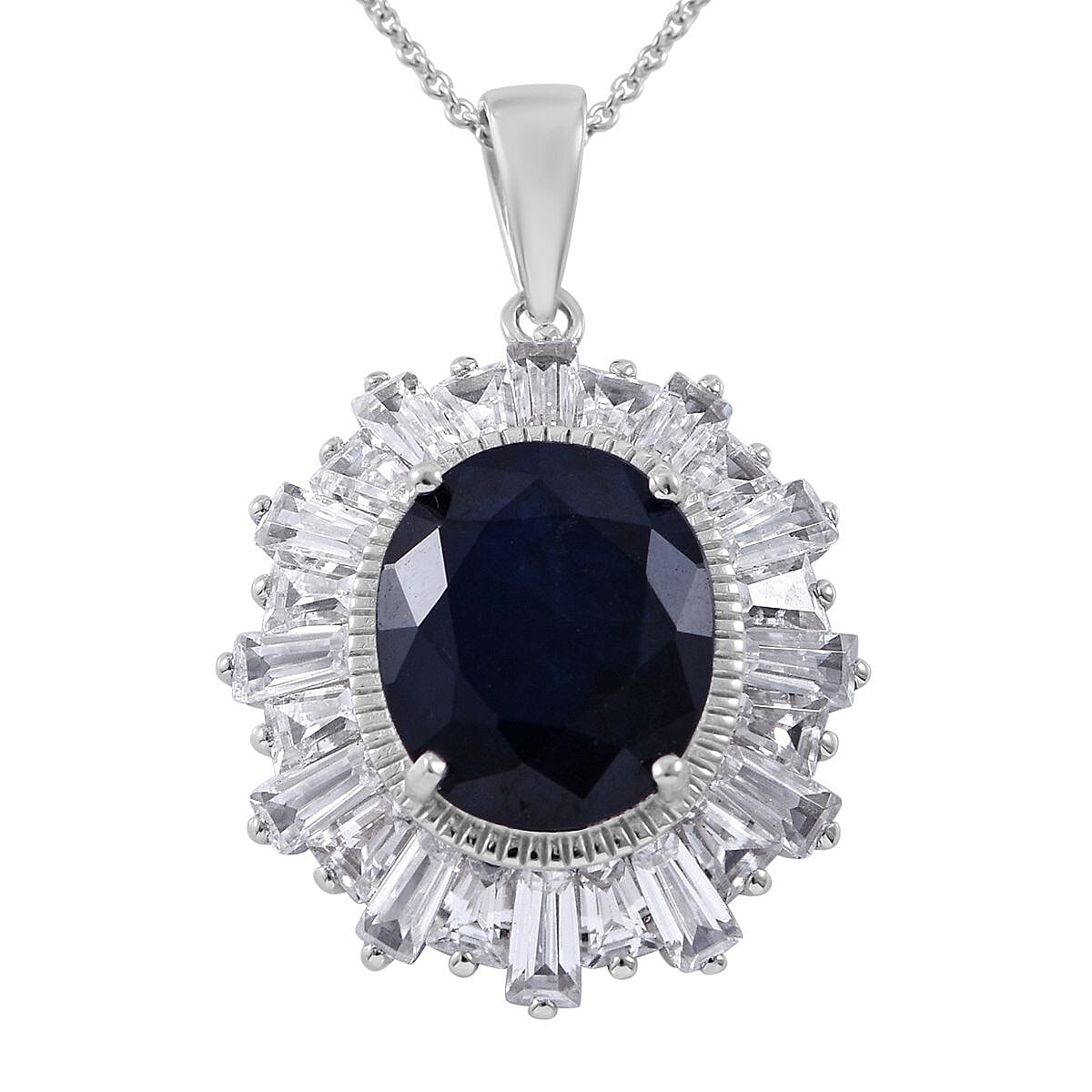 Masoala Sapphire (DF) and White Zircon Pendant Necklace 18 Inches in Platinum Over Sterling Silver 9.60 ctw