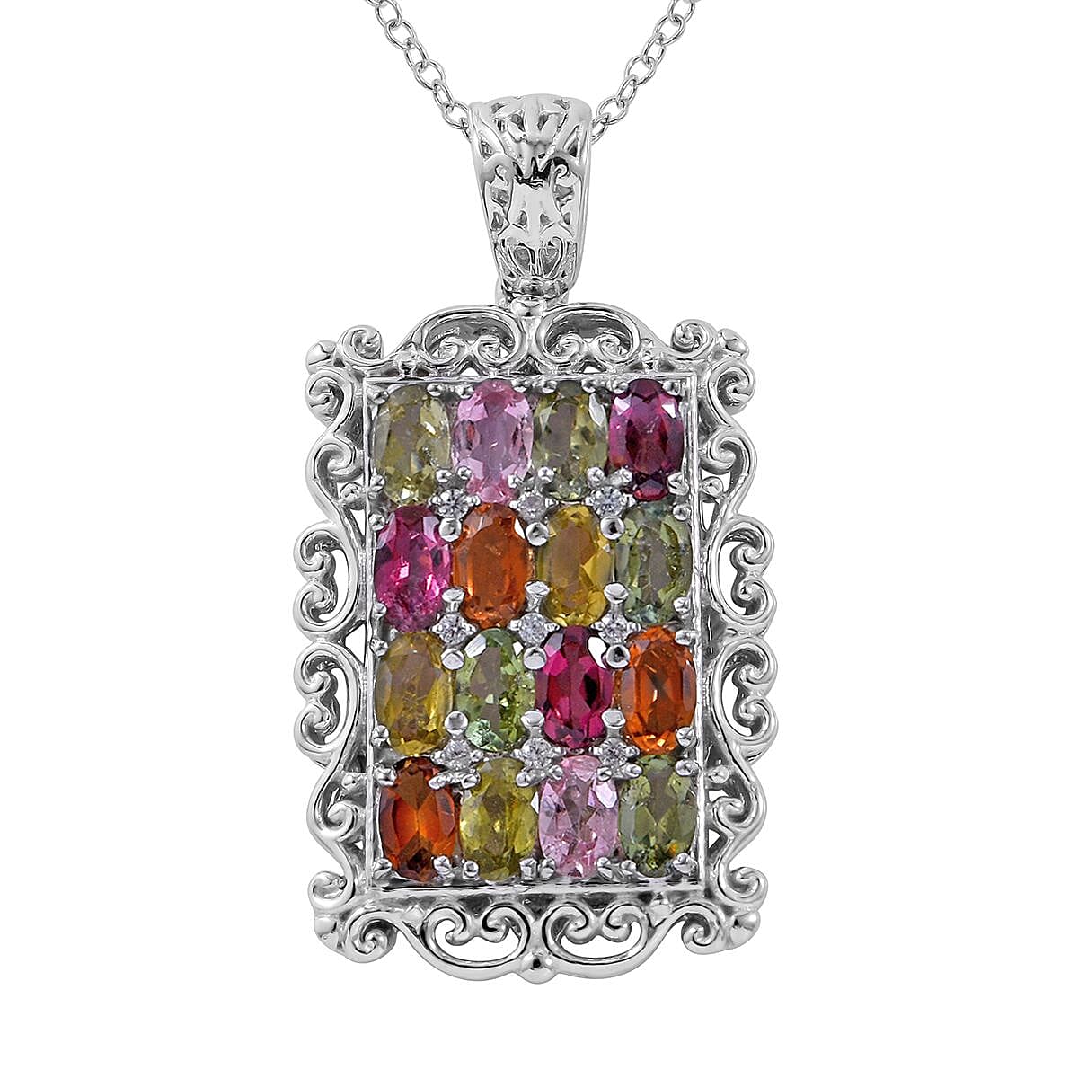 Doorbuster Multi Tourmaline, White Zircon Elongated Pendant Necklace (18 Inches) in Platinum Over Sterling Silver 3.85 ctw