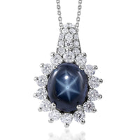 Blue Star Sapphire (DF) and Moissanite Sunburst Pendant Necklace 18 Inches in Platinum Over Sterling Silver 7.40 ctw