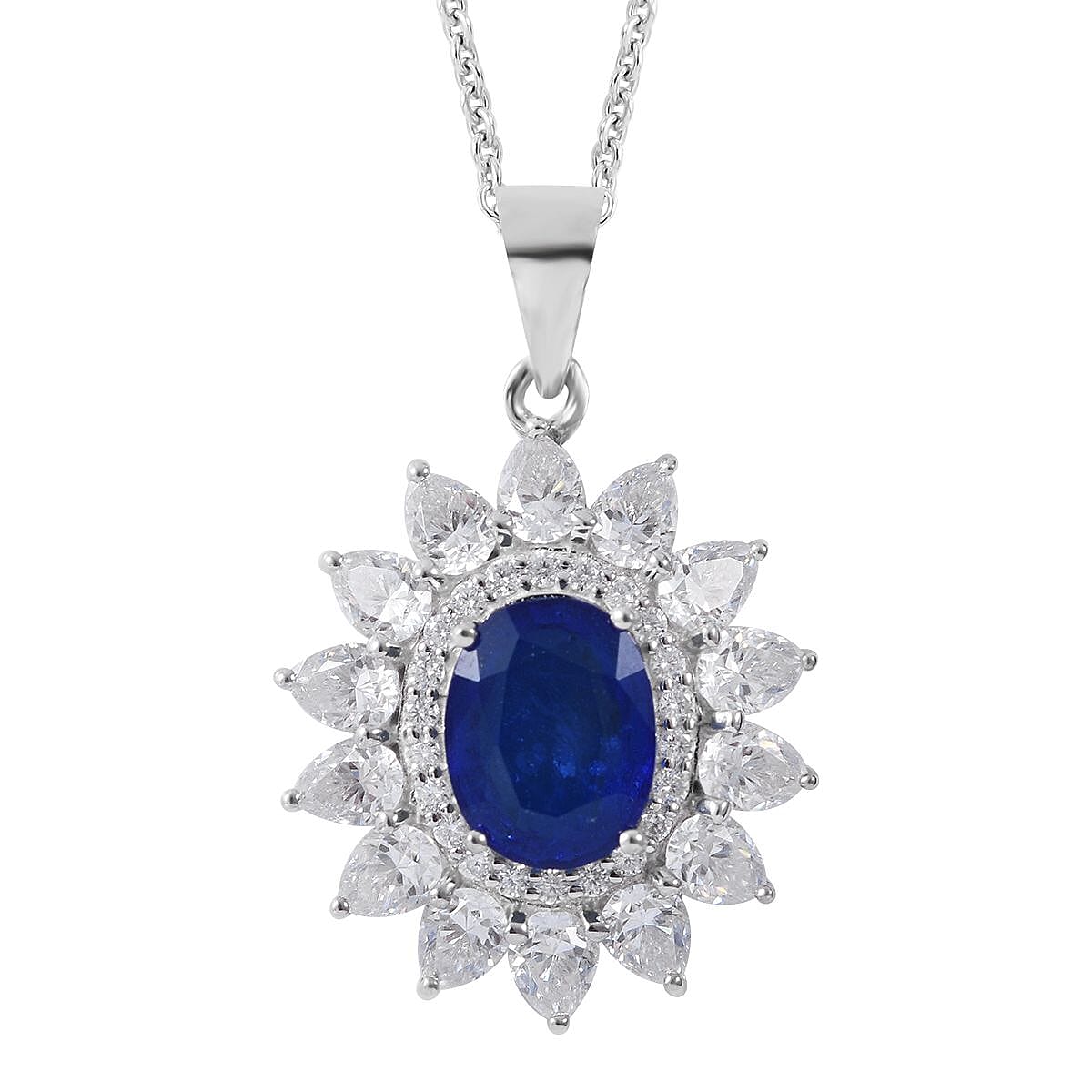 Premium Tanzanian Blue Spinel (DF) and Moissanite Floral Pendant Necklace 18 Inches in Platinum Over Sterling Silver 4.65 ctw