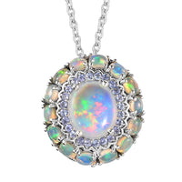 TLV Premium Ethiopian Welo Opal, Tanzanite Cocktail Pendant Necklace (20 Inches) in Platinum Over Sterling Silver 5.20 Carat Total Weight