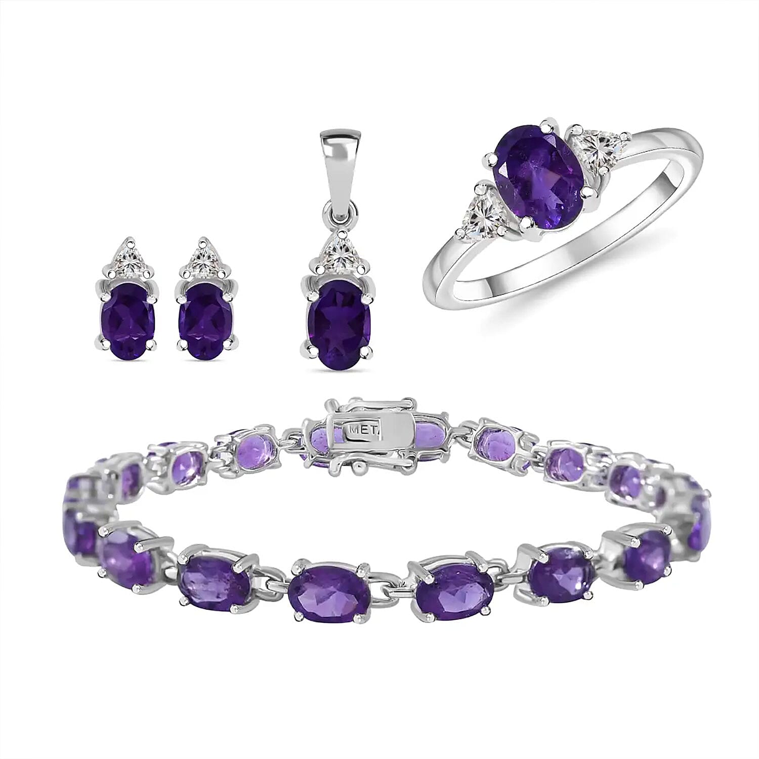 Doorbuster African Amethyst, White Topaz Ring , Earrings, Bracelet (7.25In) and Pendant in Platinum Over Sterling Silver 18.35 ctw
