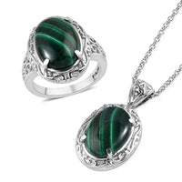 African Malachite Solitaire Ring (Size 5.0) and Pendant Necklace 20 Inches in Stainless Steel 14.50 ctw