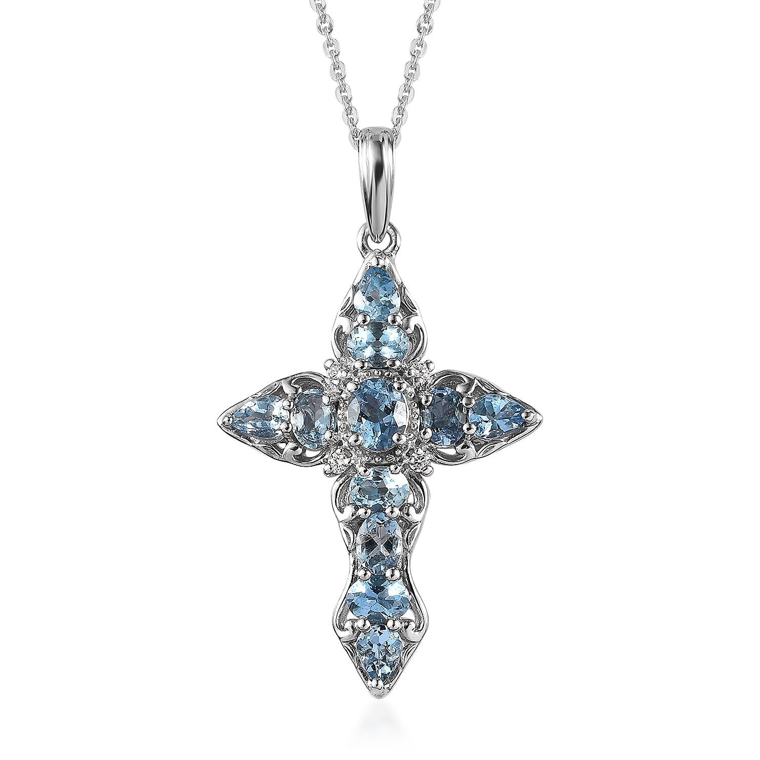 Santa Maria Aquamarine, White Zircon Cross Pendant Necklace (20 Inches) in Platinum Over Sterling Silver