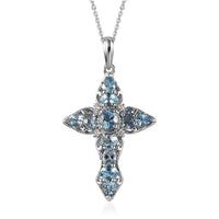 Santa Maria Aquamarine, White Zircon Cross Pendant Necklace (20 Inches) in Platinum Over Sterling Silver