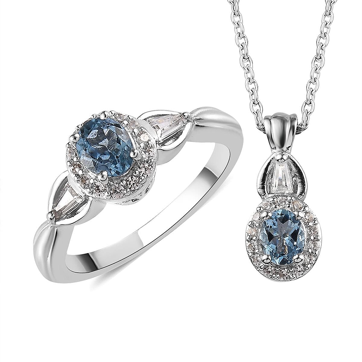 Santa Maria Aquamarine and White Zircon Halo Ring and Pendant Necklace 20 Inches in Platinum Over Sterling Silver 1.10 ctw
