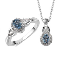Santa Maria Aquamarine and White Zircon Halo Ring and Pendant Necklace 20 Inches in Platinum Over Sterling Silver 1.10 ctw