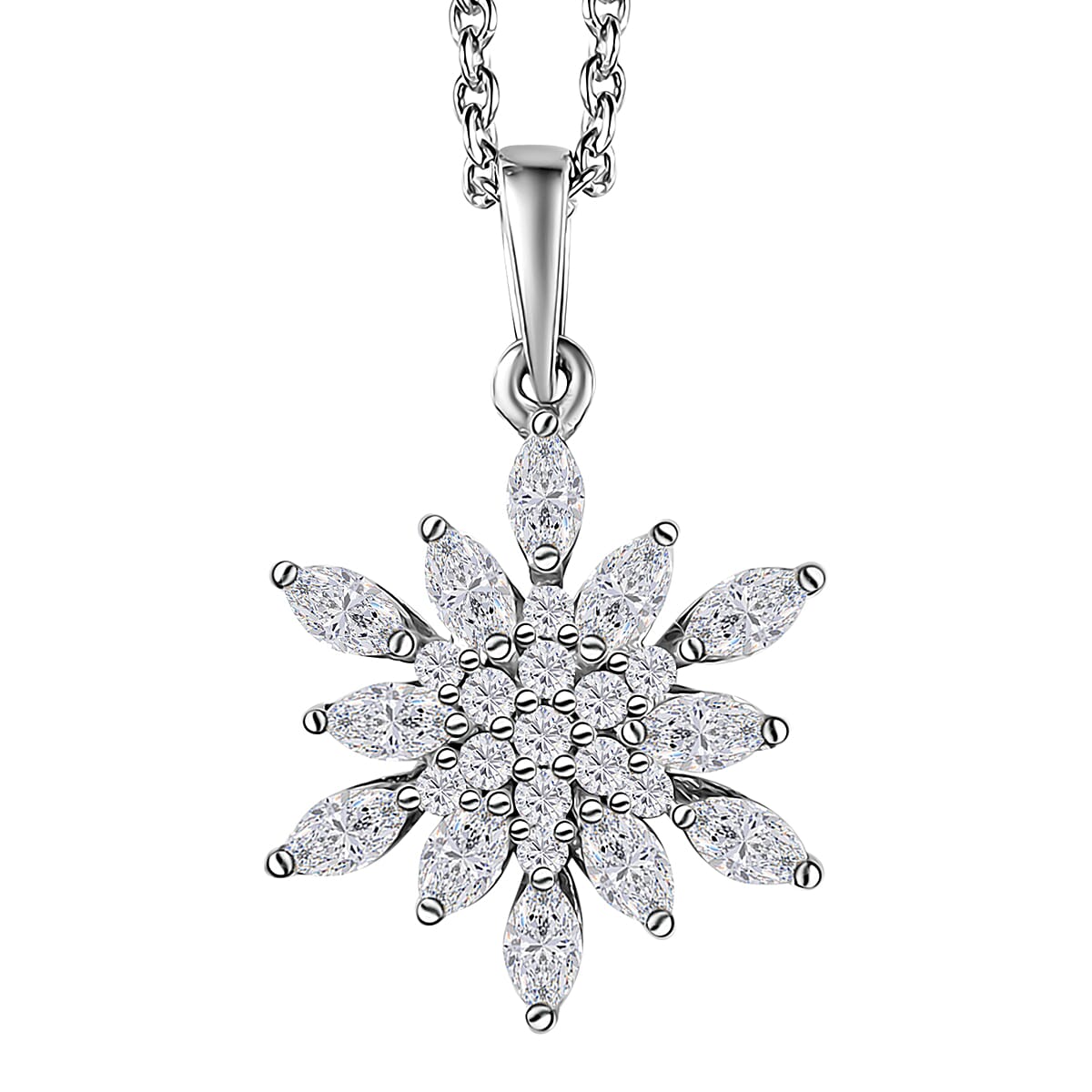 Moissanite Snowflake Pendant Necklace 20 Inches in Platinum Over Sterling Silver 1.15 ctw