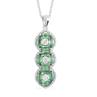 AAA Kagem Emerald and White Zircon Line Pendant Necklace 18-19.50 Inches in Rhodium Over Sterling Silver 2.15 ctw