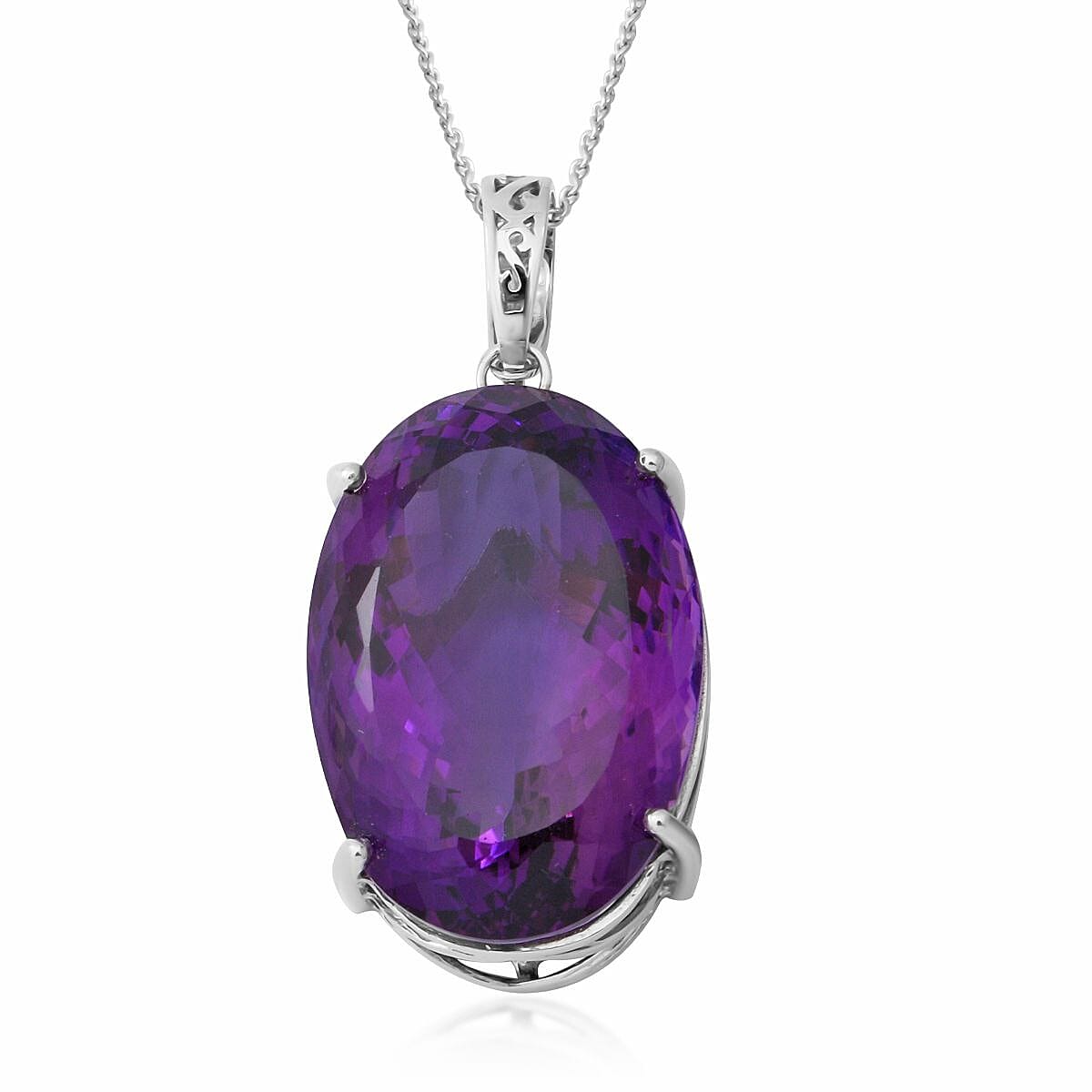 AAA Lusaka Amethyst Solitaire Pendant Necklace (18 Inches) in Platinum Over Sterling Silver (13.50 g) 100.00 ctw
