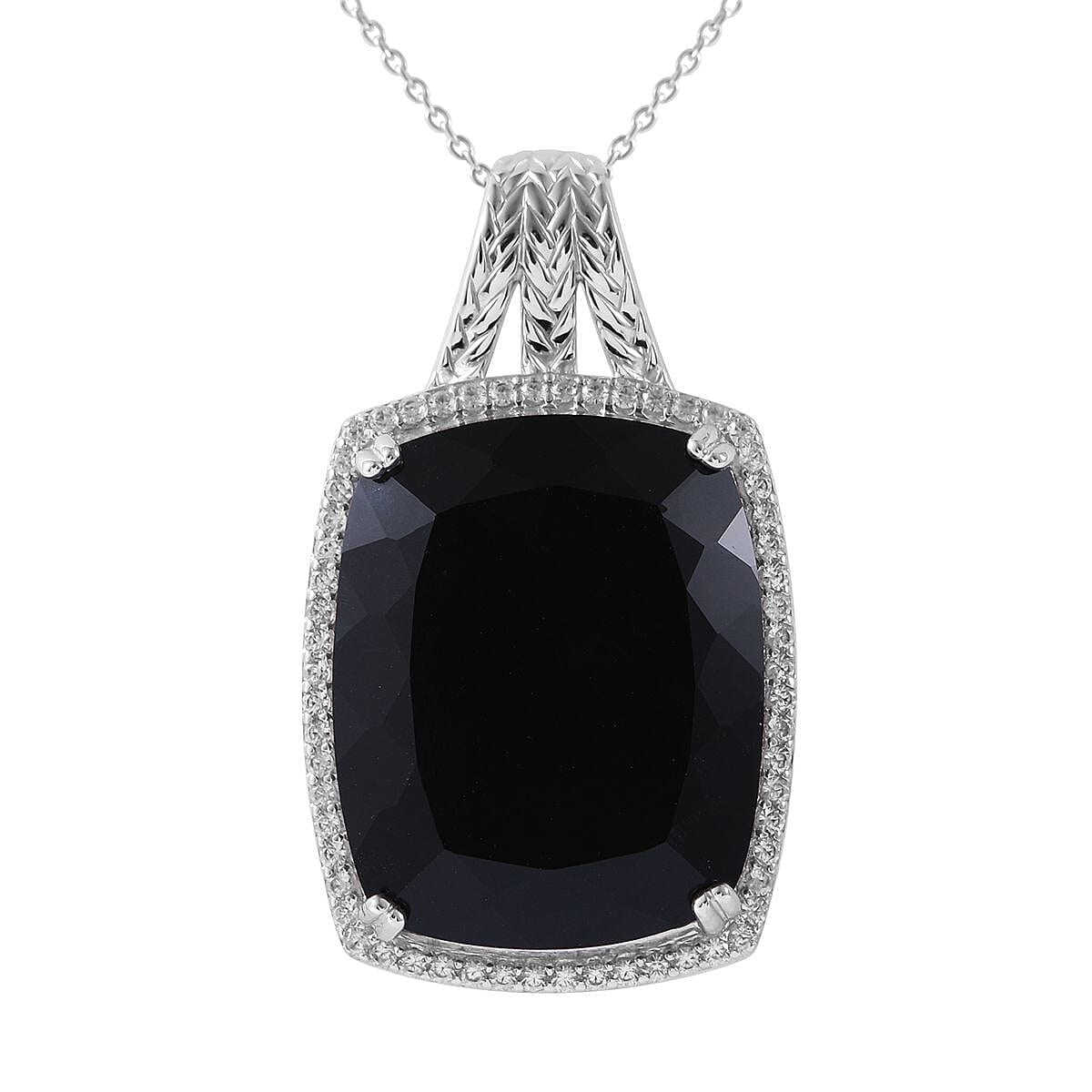 Thai Black Spinel and White Zircon Pendant Necklace 18 Inches in Platinum Over Sterling Silver 57.50 ctw