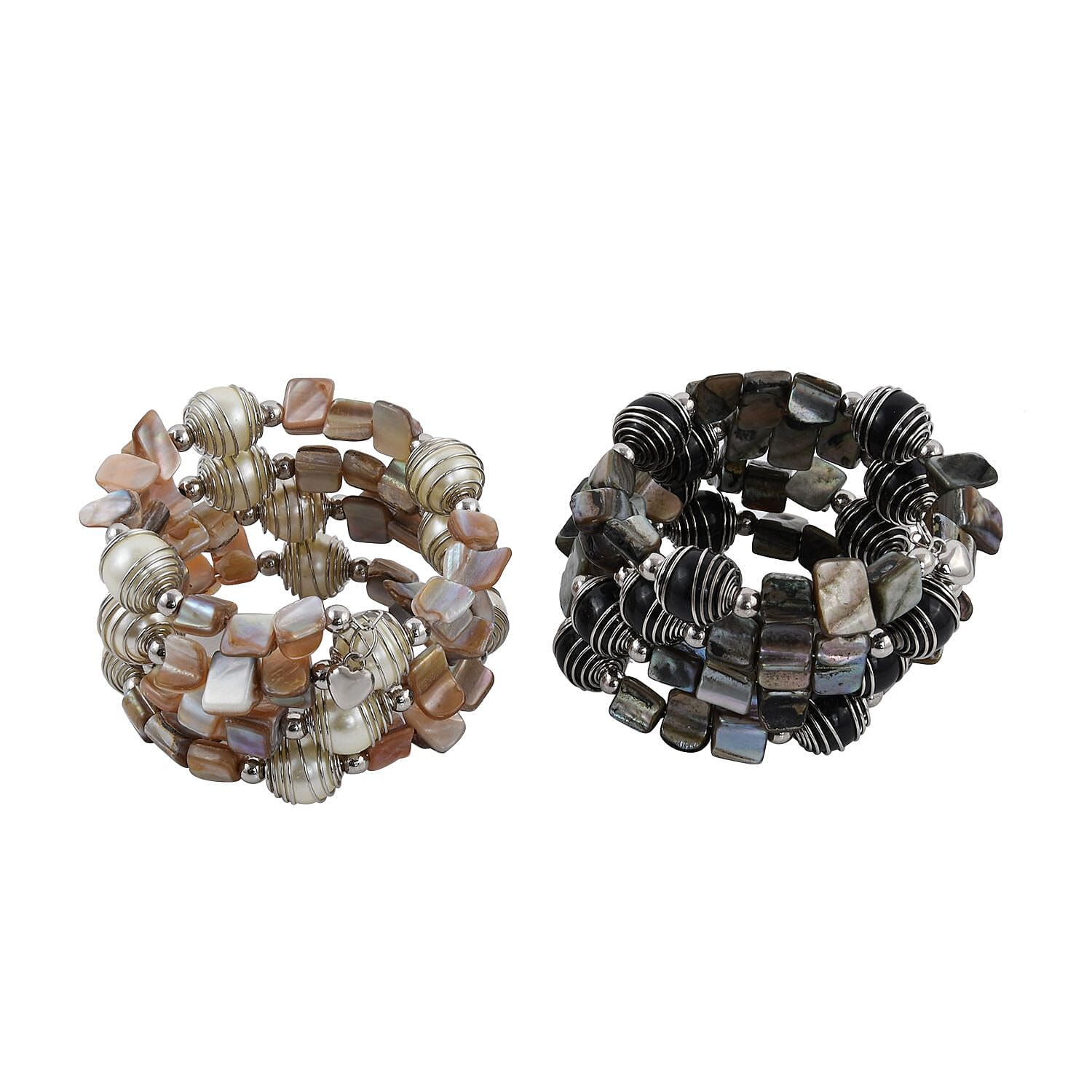Set of 2 Black and White Square & Round Beaded Stretch Bracelet