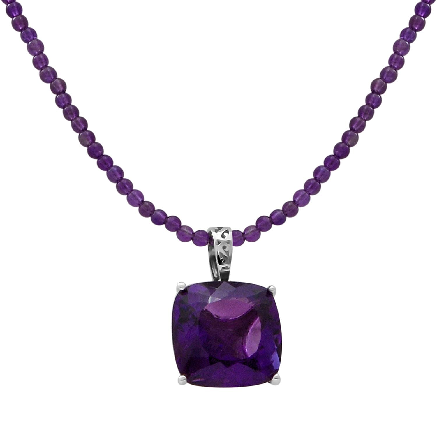 Lusaka Amethyst Solitaire Pendant with Beaded Necklace 18 Inches in Platinum Over Sterling Silver 50.00 ctw