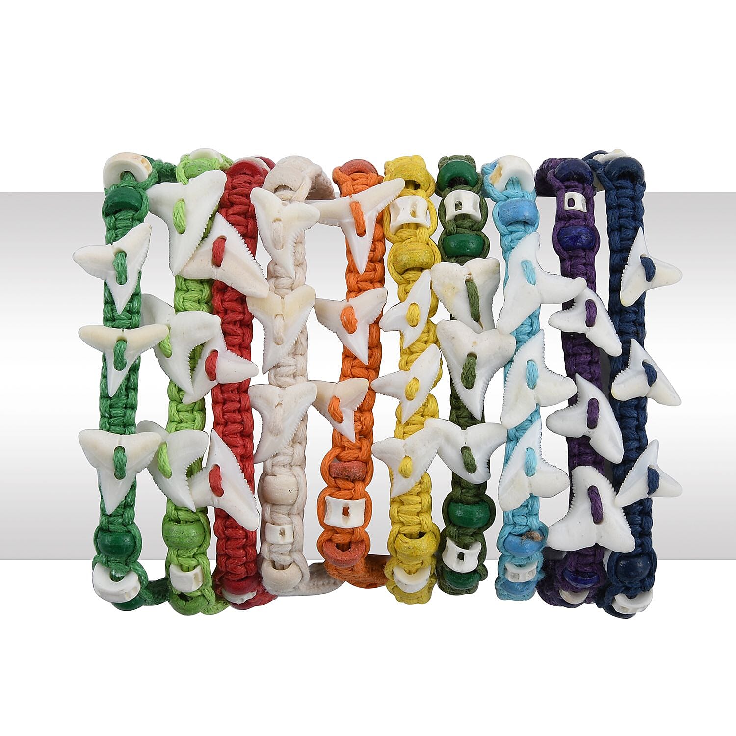 Doorbuster Set of 10 Adjustable Wax Cord Friendship Bracelet With Natural Shark Teeth