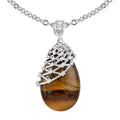 South African Yellow Tiger's Eye, Natural White Zircon Pendant Necklace 18-20 Inches in Silvertone & Stainless Steel 23.00 ctw - Sticky add to cart bar