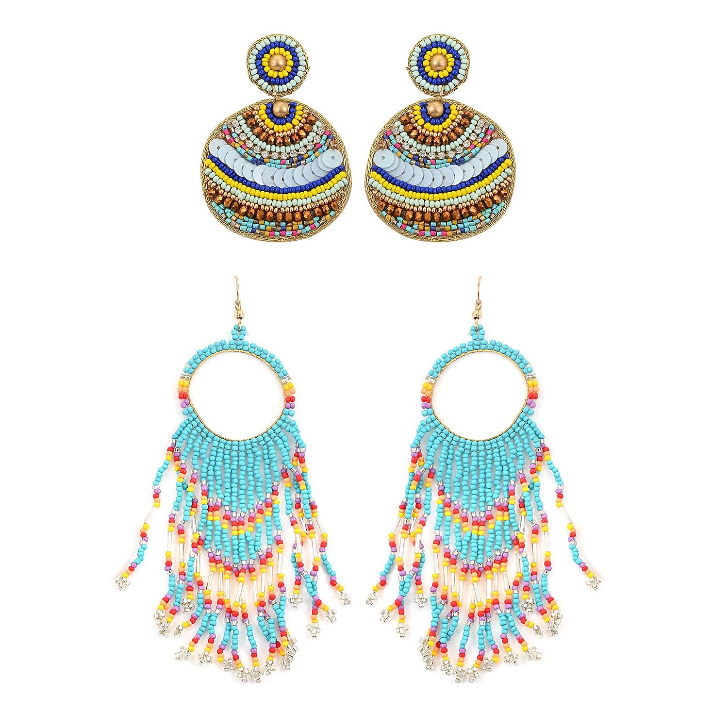 Multi Color Seed Beaded Dangle Earrings in Goldtone