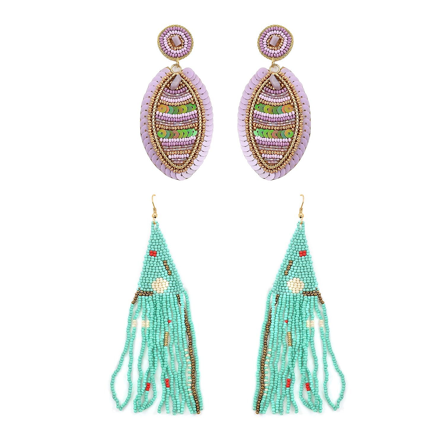 Set of 2 Seed Beaded Dangle Earrings in Goldtone
