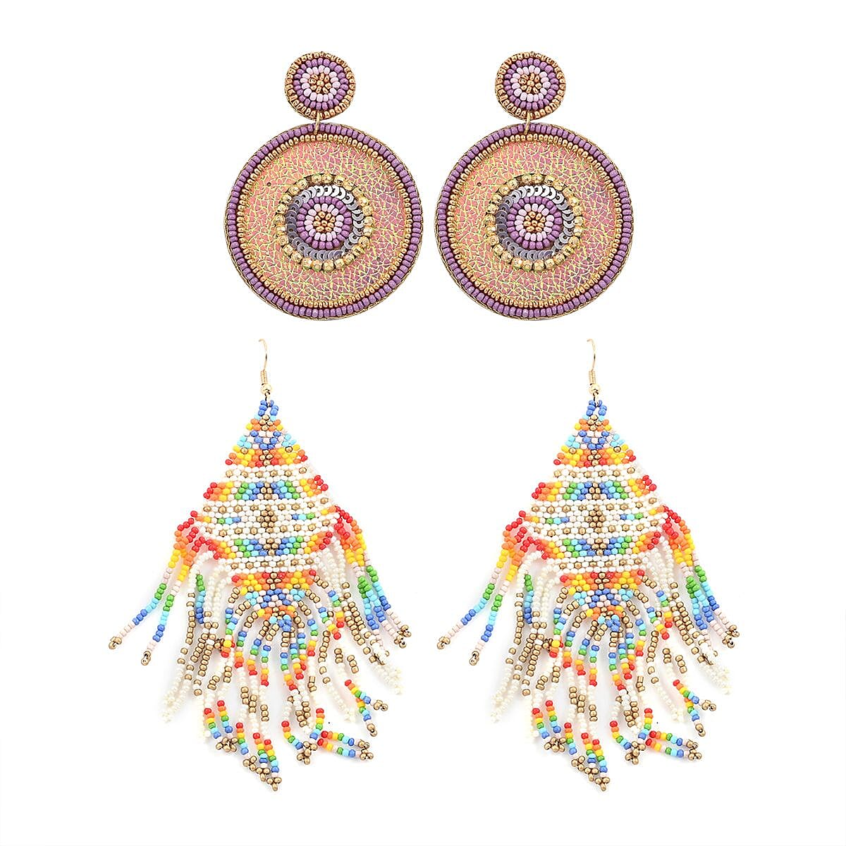 Set of 2 Multi Color Seed Bead Dangle Earrings in Goldtone
