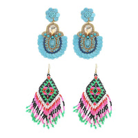 Set- Multi Color Seed Beaded Dangle Earrings in Goldtone