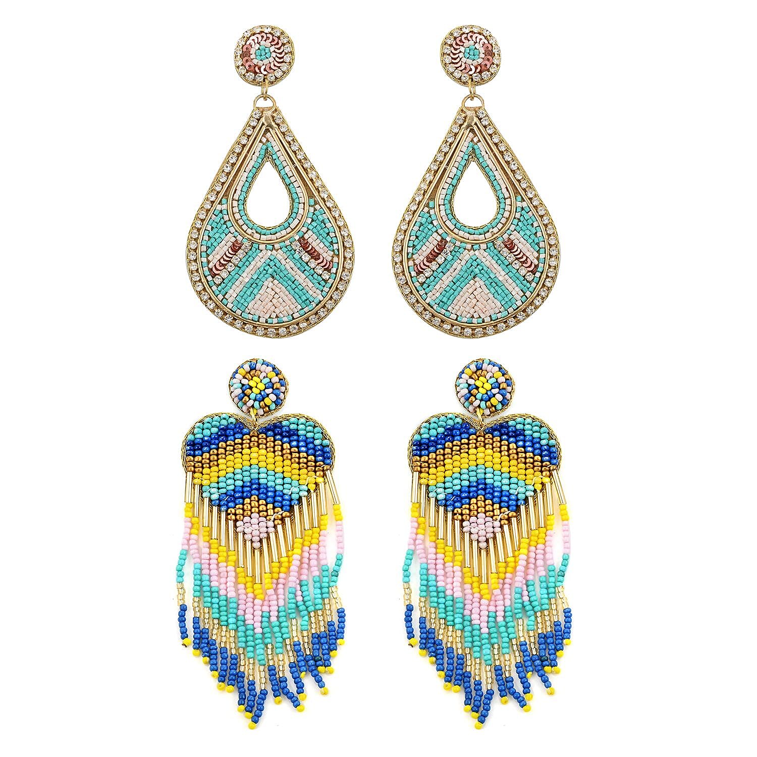 Set of 2 Multi Color Seed Beaded Dangle Earrings