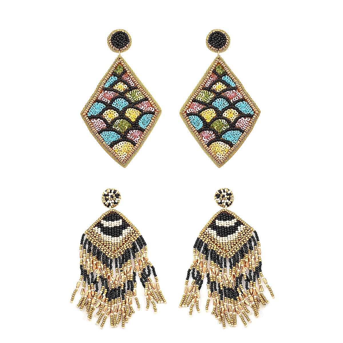 Set of 2 Multi Color Seed Beaded Earrings in Goldtone