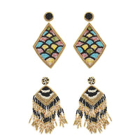 Set of 2 Multi Color Seed Beaded Earrings in Goldtone