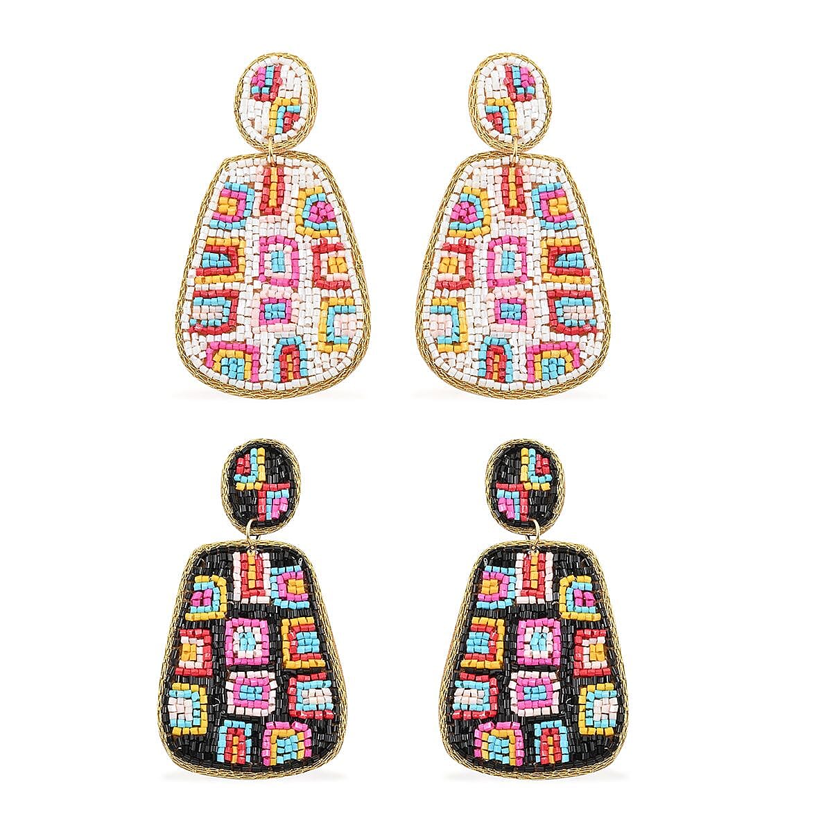 Set of 2 Multi Color Seed Beaded Earrings in Goldtone