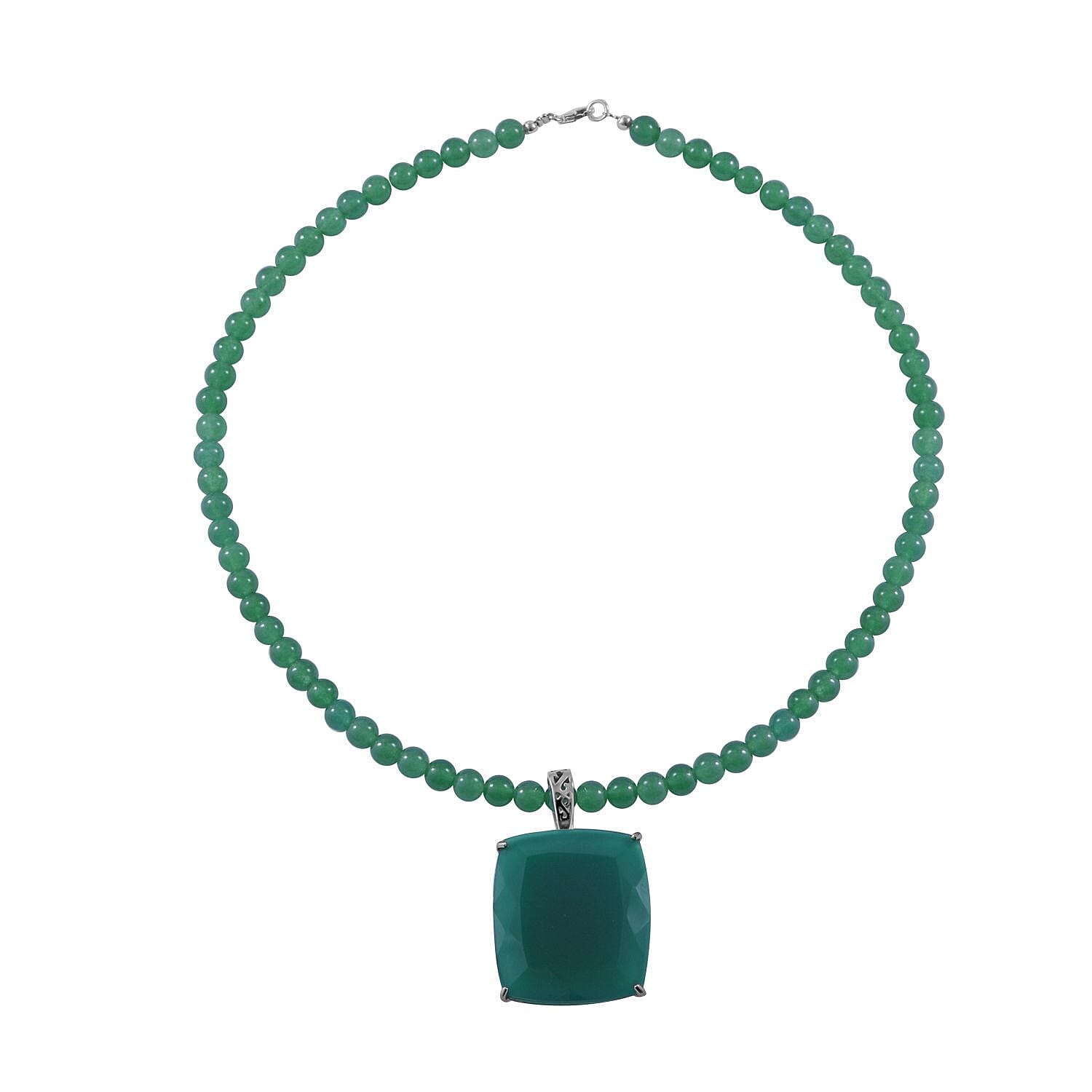Verde Onyx Pendant with Beaded Necklace 18 Inches in Platinum Over Sterling Silver 8.25 Grams 150.00 ctw