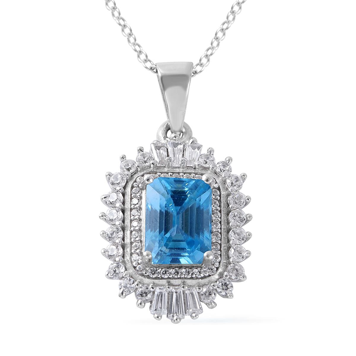 Premium Cambodian Blue Zircon and White Zircon Ballerina Halo Pendant Necklace 18 Inches in Platinum Over Sterling Silver 3.00 ctw