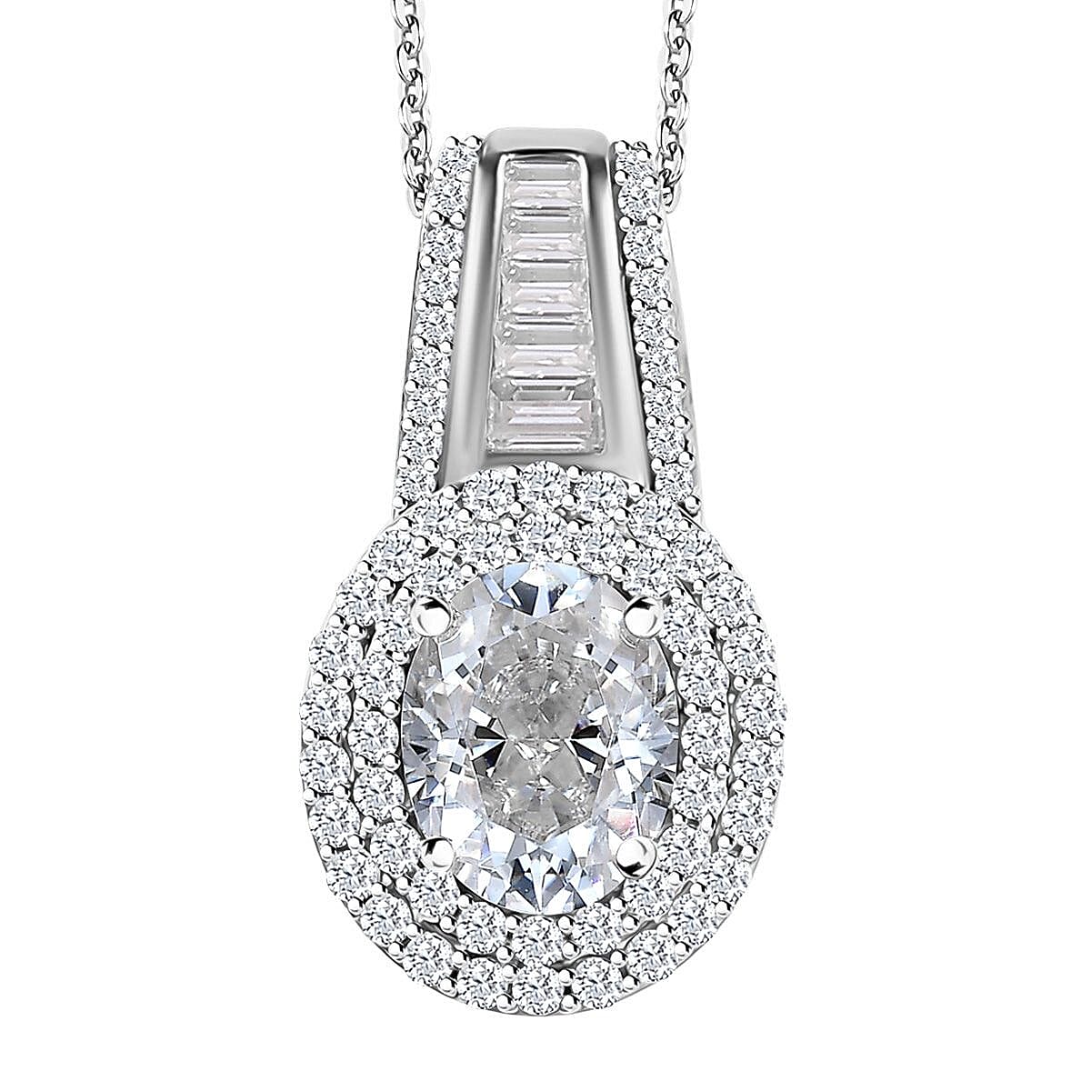 Moissanite Double Halo Pendant Necklace 20 Inches in Platinum Over Sterling Silver 3.10 ctw