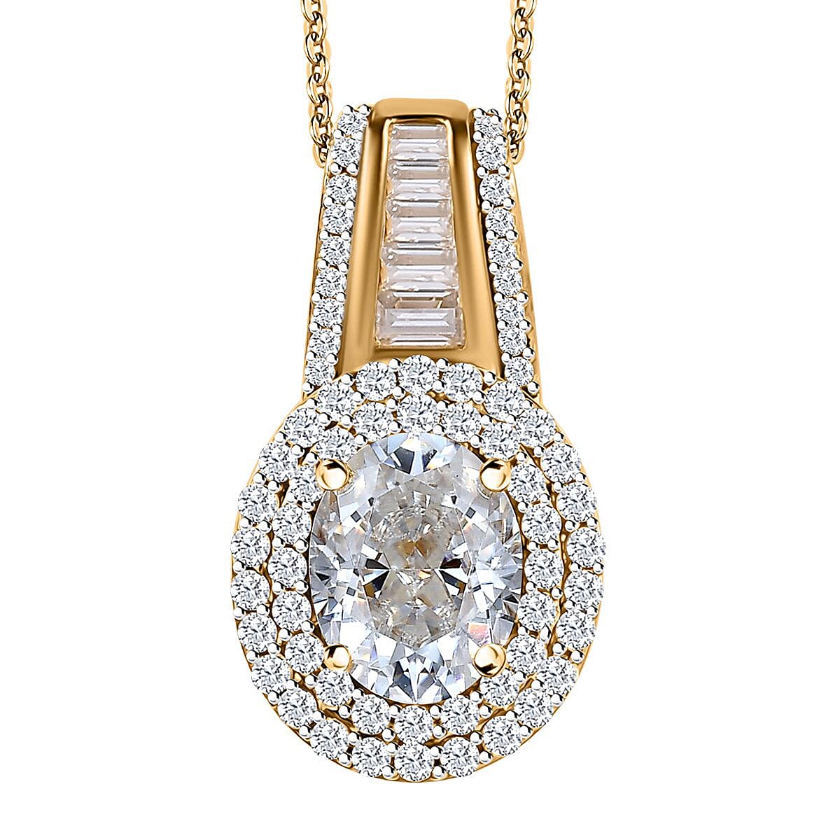 Moissanite Double Halo Pendant Necklace 20 Inches in Vermeil Yellow Gold Over Sterling Silver 3.10 ctw
