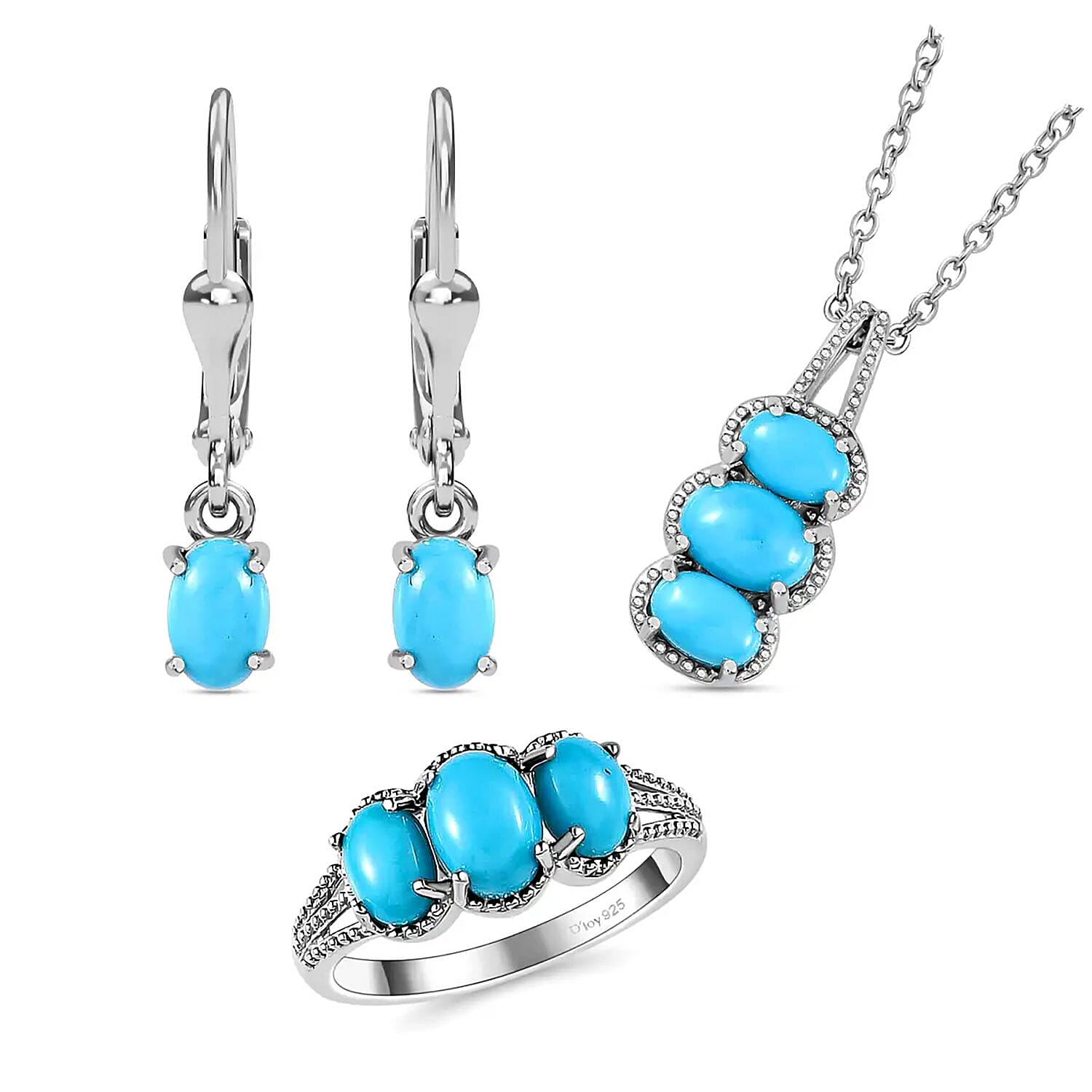 Doorbuster Sleeping Beauty Turquoise Lever Back Earrings, 3 Stone Ring (Size 5.0) and Pendant in Platinum Over Sterling Silver with Stainless Steel Necklace 20 Inches 4.10 ctw