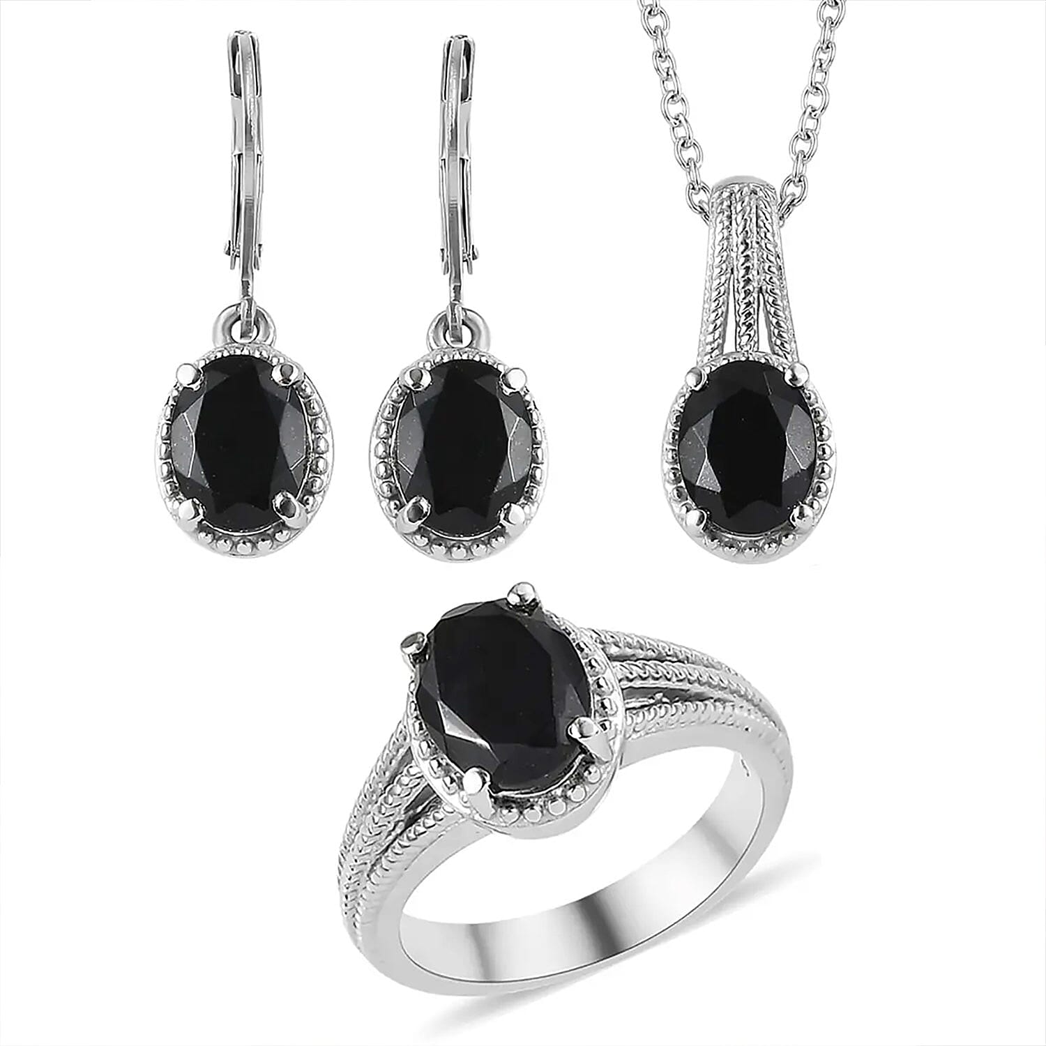 Australian Black Tourmaline Lever Back Earrings, Ring (Size 5.0), Pendant Necklace 20 Inches in Stainless Steel 8.00 ctw